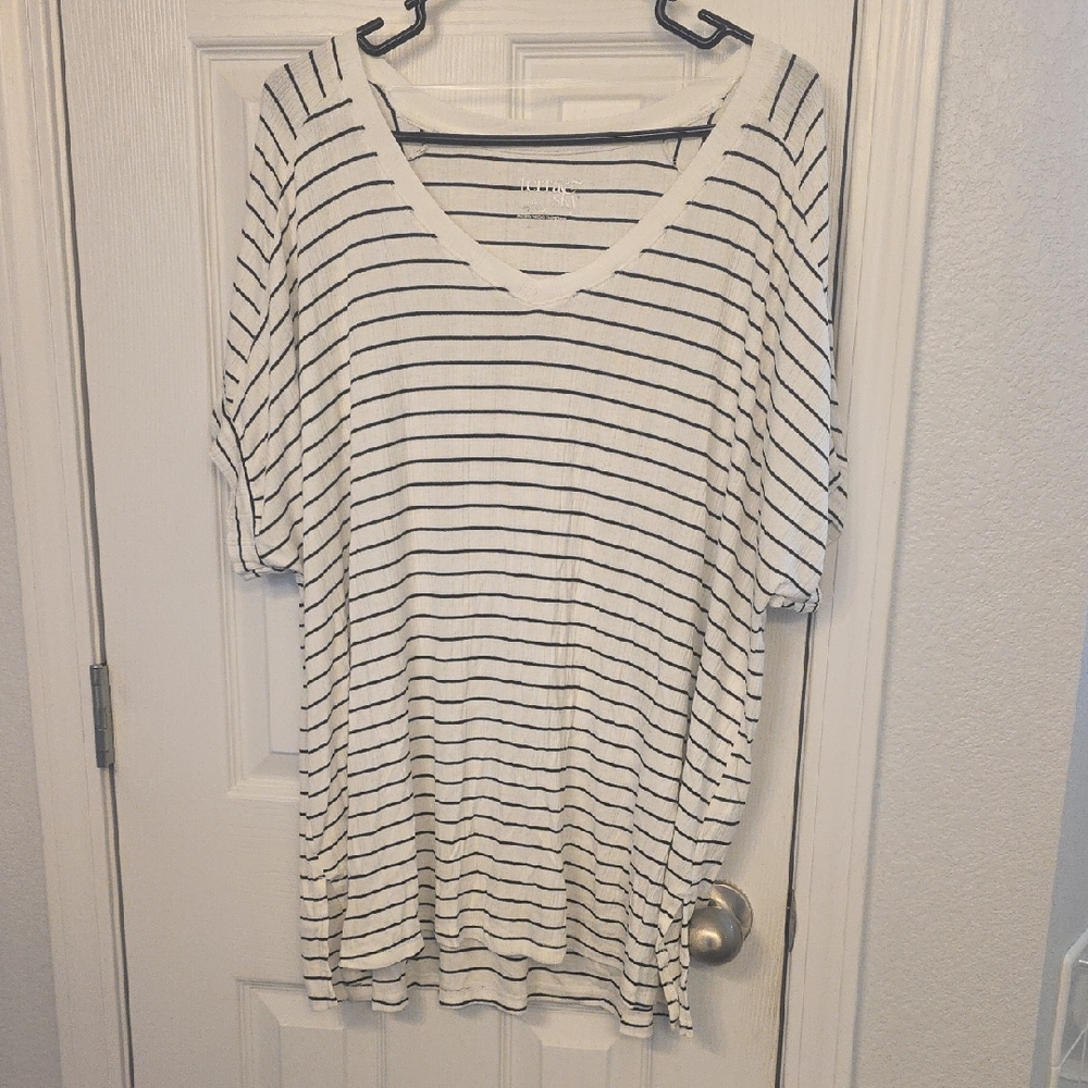 Terra & Sky Black and White Striped V-Neck Blouse